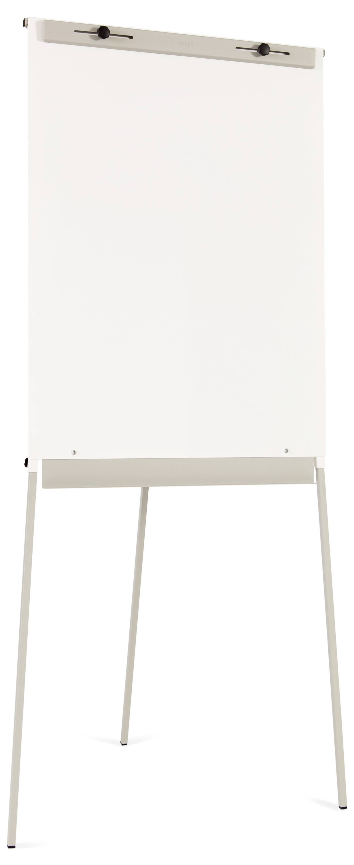 Prázdná bílá tabule na stojanu, připravená na prezentace nebo poznámky.