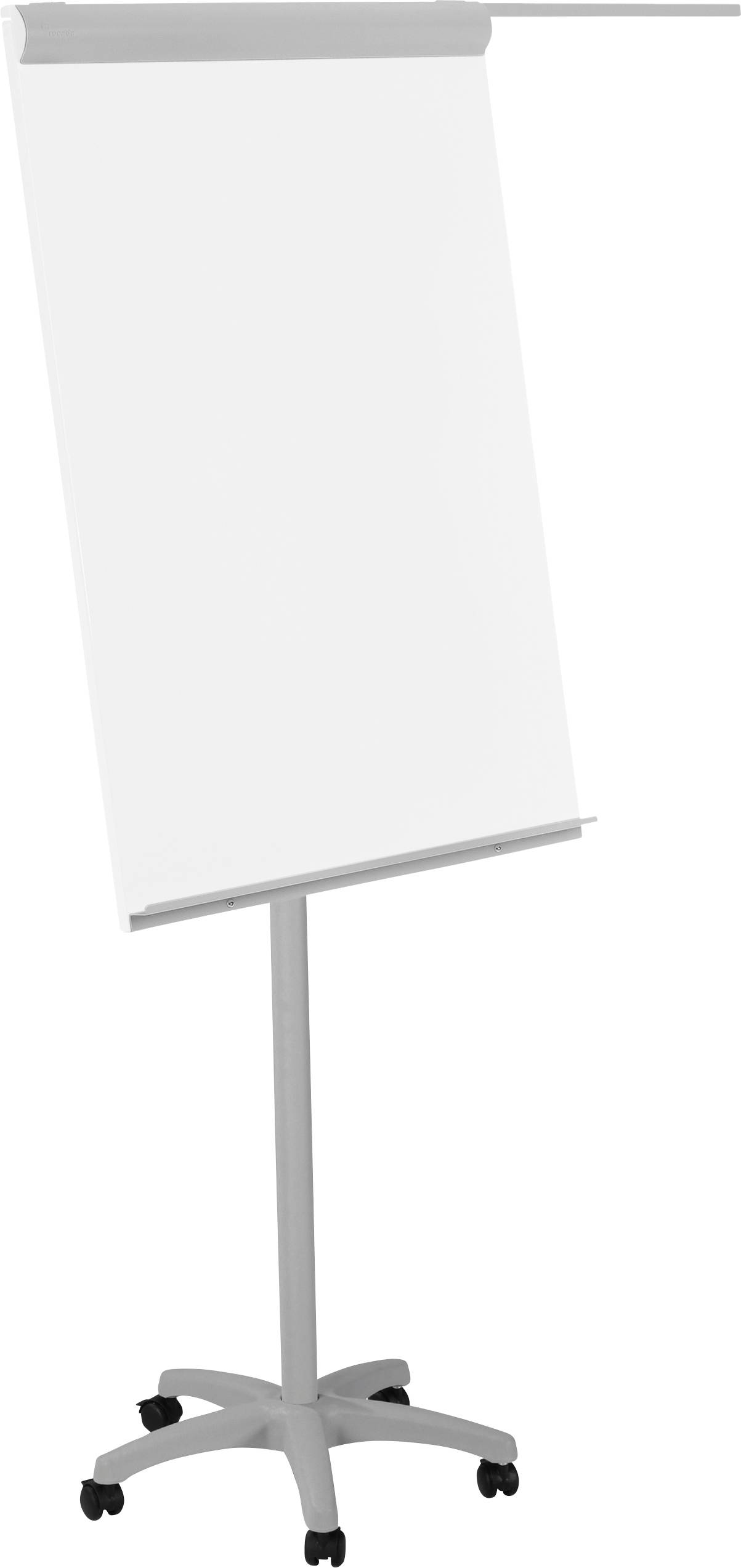 Prázdný flipchart na kovném stojanu s kolečky.