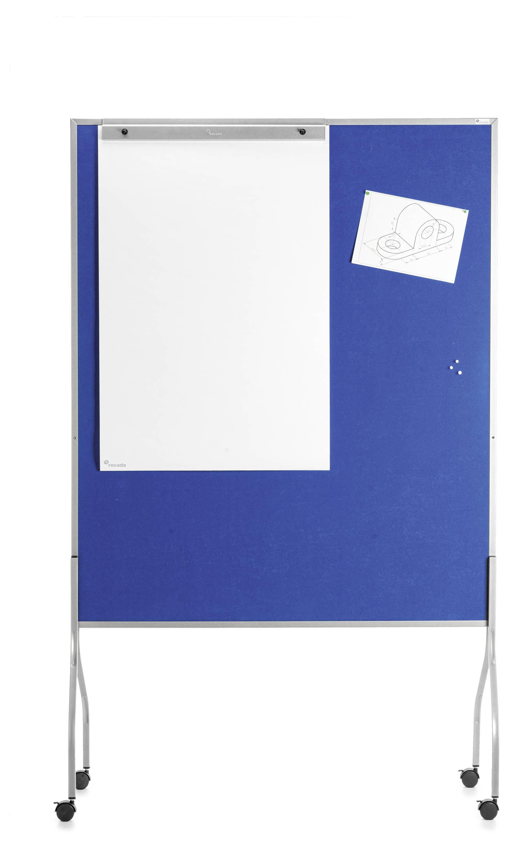 Modrý mobilní flipchart s prázdným listem papíru a malou kresbou klobouku na pravé straně.