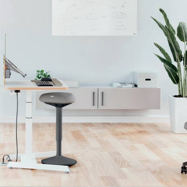 Ergonomické pracoviště s výškově nastavitelným stolem, monitorem, klávesnicí a ergonomickou stoličkou, v pozadí rostliny.