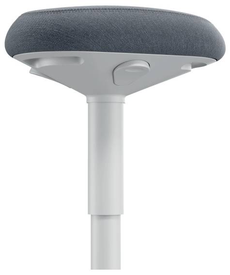 Stolička s kulatým, čalouněným sedákem a nastavitelnou výškou na kovovém rámu, vhodná pro ergonomické sezení.