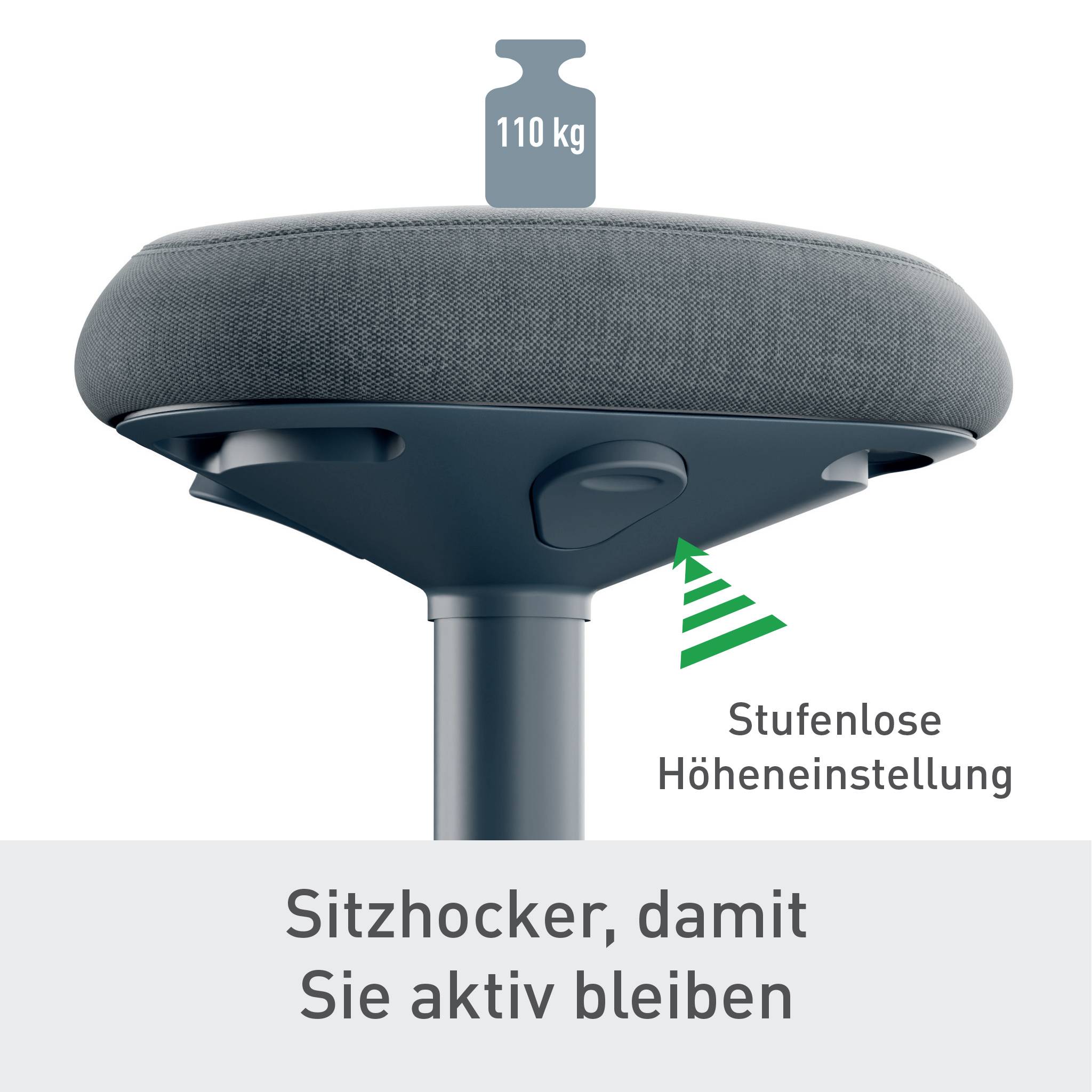 Sedací stolek s plynulým nastavením výšky, zatížitelný až 110 kg. Podporuje aktivní sezení.