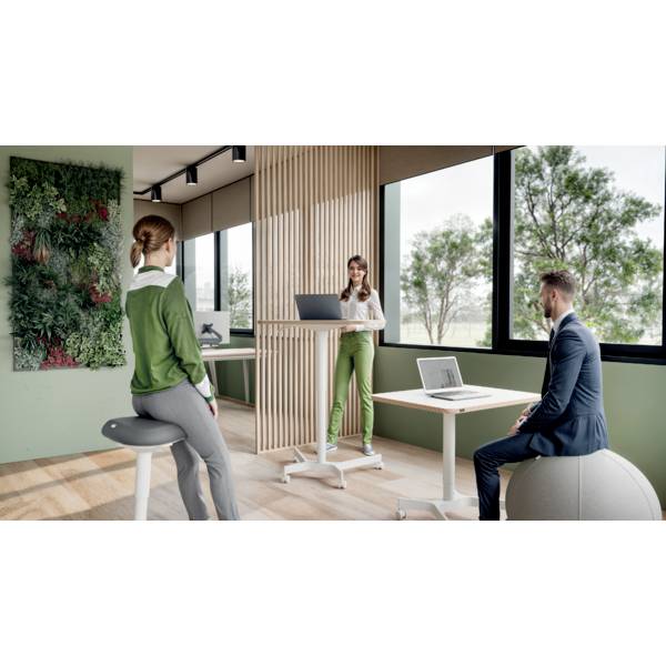 Tři osoby v moderní kanceláři. Dvě sedí na ergonomických židlích, jedna stojí u výškově nastavitelného stolu. Velká okna, zelená nástěnná dekorace.