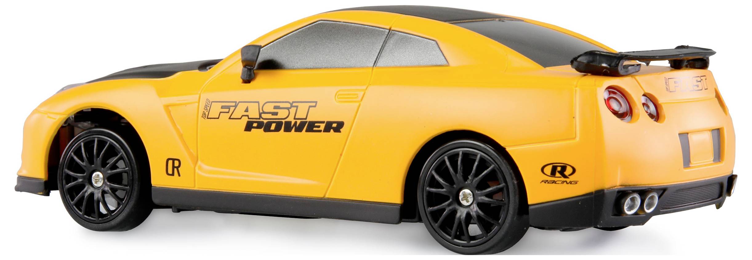 Žluté hračkové auto s černou střechou a nápisem 'FAST POWER' na boku. Sportovní design s nízkou zadní spoilerem.
