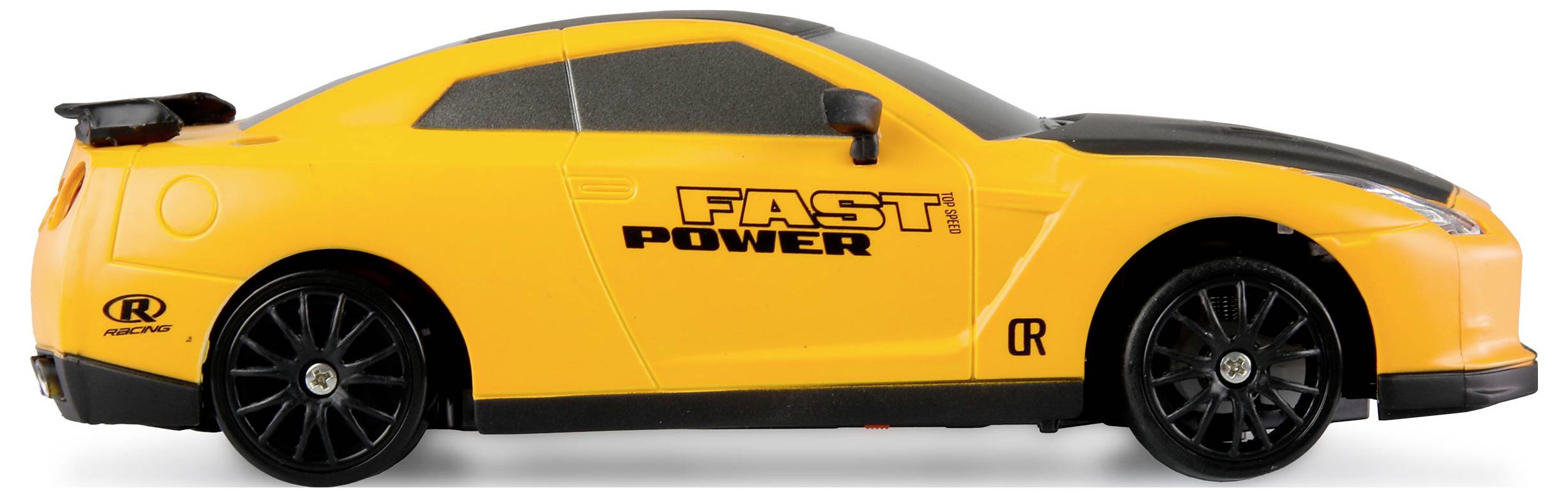 Žluté hračkářské auto s černým spoilerem, pneumatikami a nápisem 'FAST POWER'. Pohled z bočního profilu na bílém pozadí.