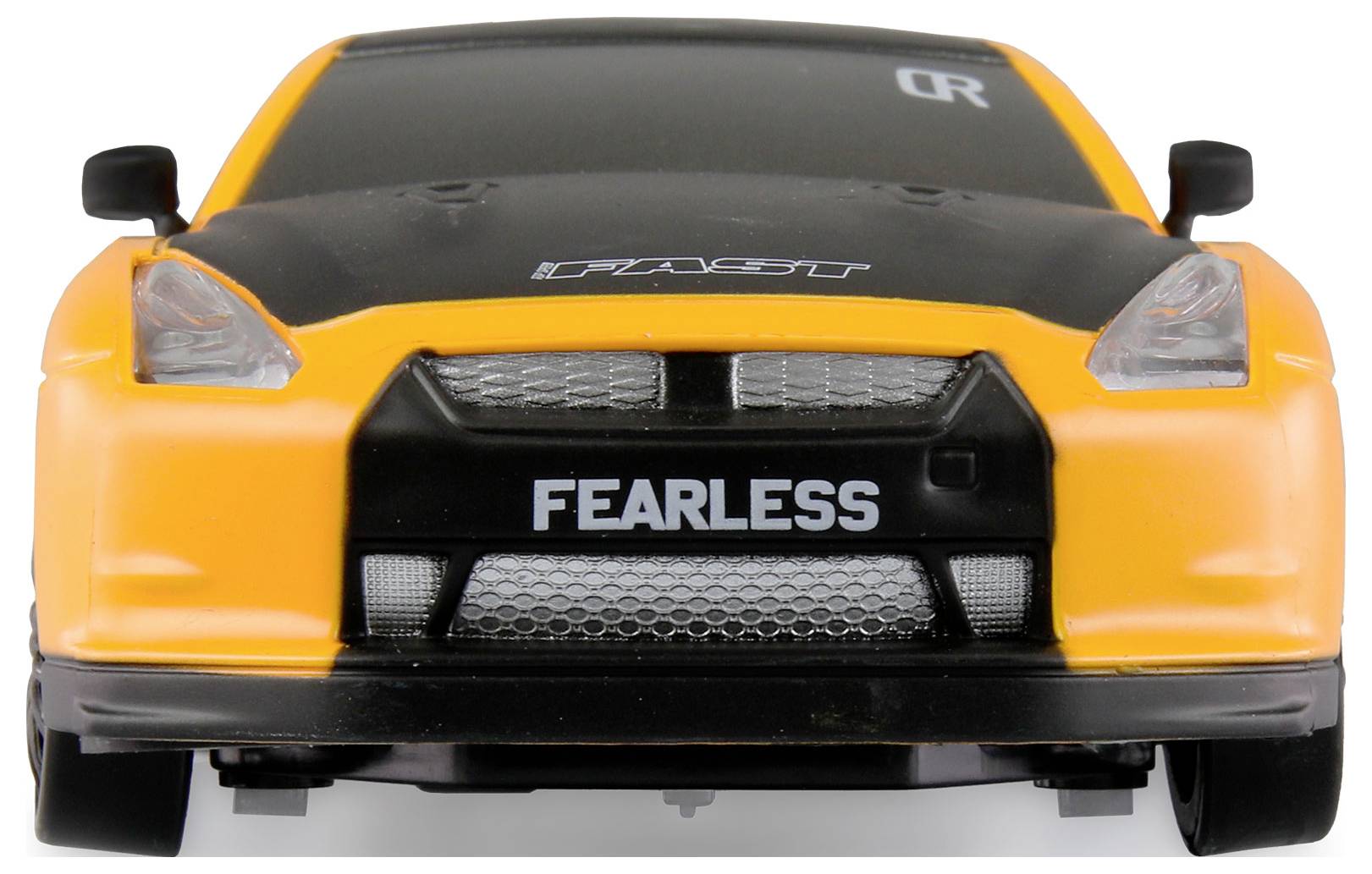 Žluté hračkové auto s nápisem 'FEARLESS' na předním nárazníku, černými detaily a bočními zrcátky.