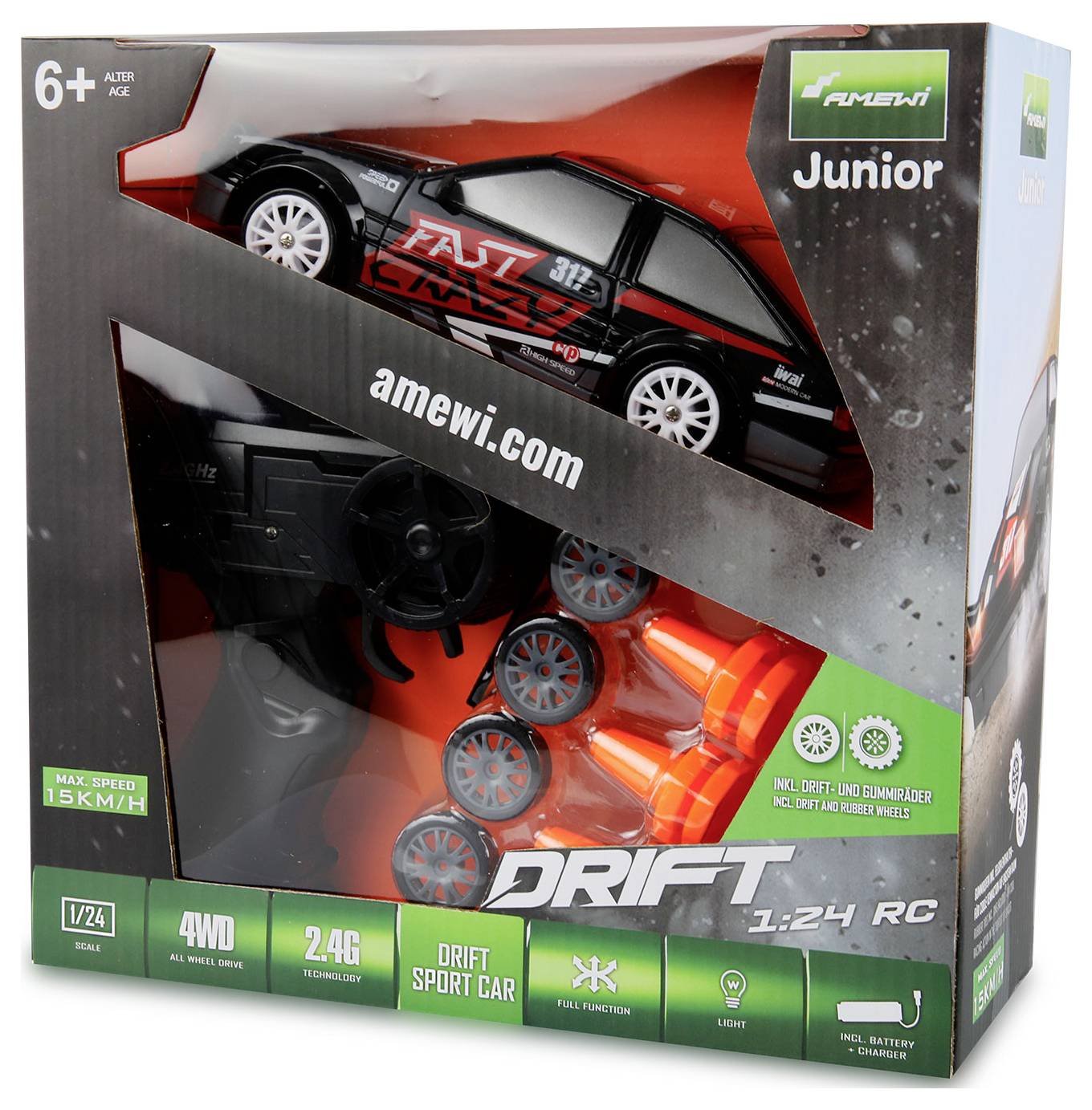 Balení hračkového auta 'Drift 1:24 RC' s autem, dálkovým ovládáním a čtyřmi náhradními koly. Pro děti od 6 let. Maximální rychlost: 15 km/h.