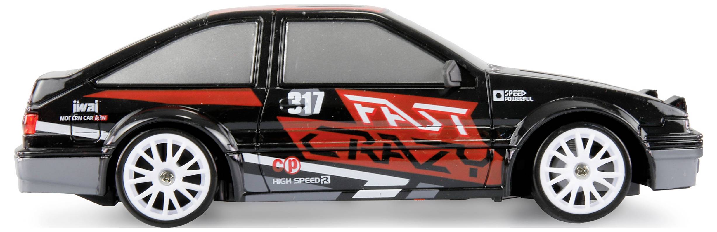 Hračkové auto v černé barvě s červenými a bílými akcenty. Na straně nápis 'Fast Crazy'. Bílé ráfky, sportovní design.