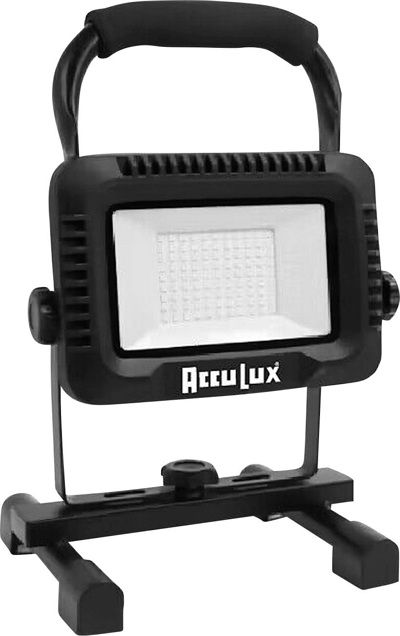 Černý, přenosný pracovní reflektor s bílým LED osvětlením, s názvem značky 'AccuLux' na přední straně.