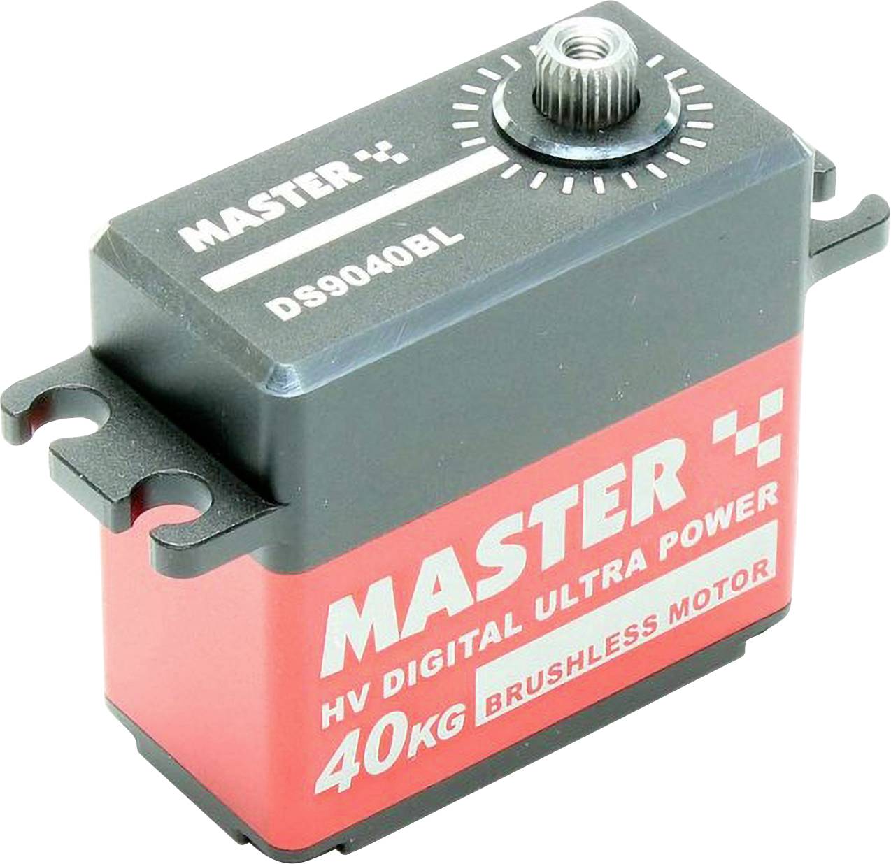 Černý a červený model serva 'MASTER HV DIGITÁLNÍ ULTRA POWER 40 KG BRUSHLESS MOTOR DS9040BL' s montážními úchyty.