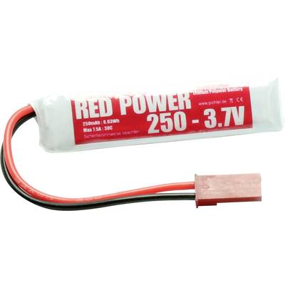 Červený lithium-polymerový akumulátor s nápisem 'RED POWER 250 - 3.7V' zobrazuje červené a černé kabelové připojení.