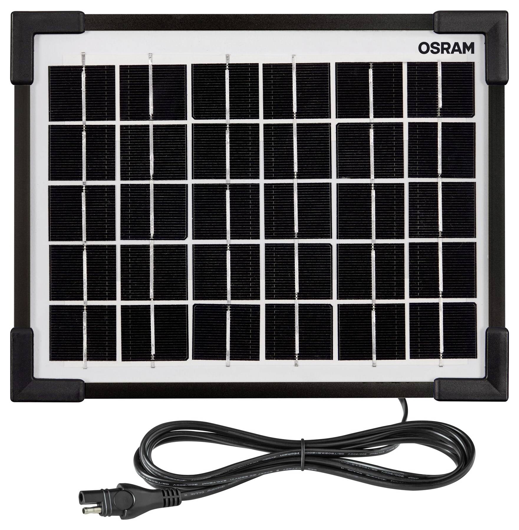Solární modul od OSRAMu s černým rámem a adaptérovým kabelem, vhodný pro nabíjení elektronických zařízení pomocí sluneční energie.