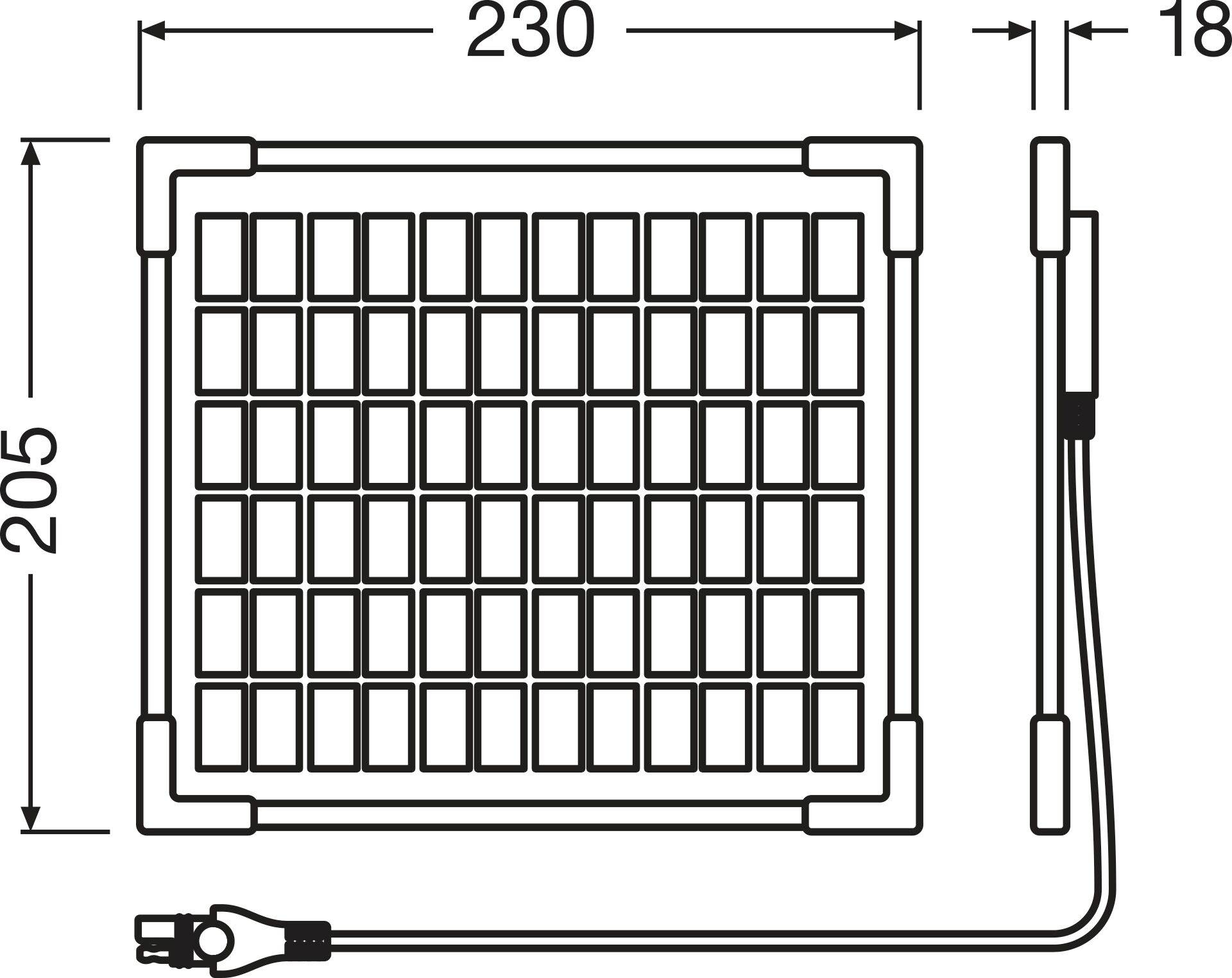 Technický výkres obdélníkové mřížky s rozměry 230 mm x 205 mm x 18 mm, propojené s kabelovou přípojkou.