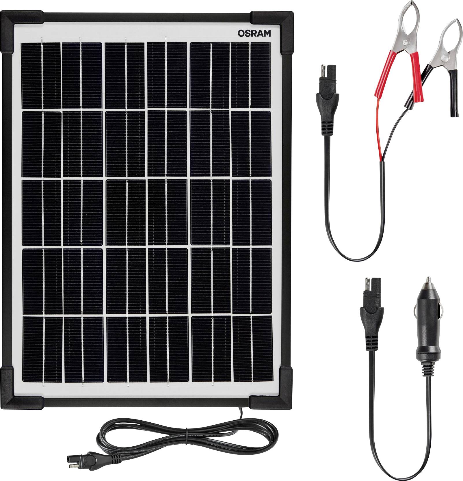 Solární panel s kabely a svorkami od Osramu pro napájení elektrickou energií a nabíjení baterie.