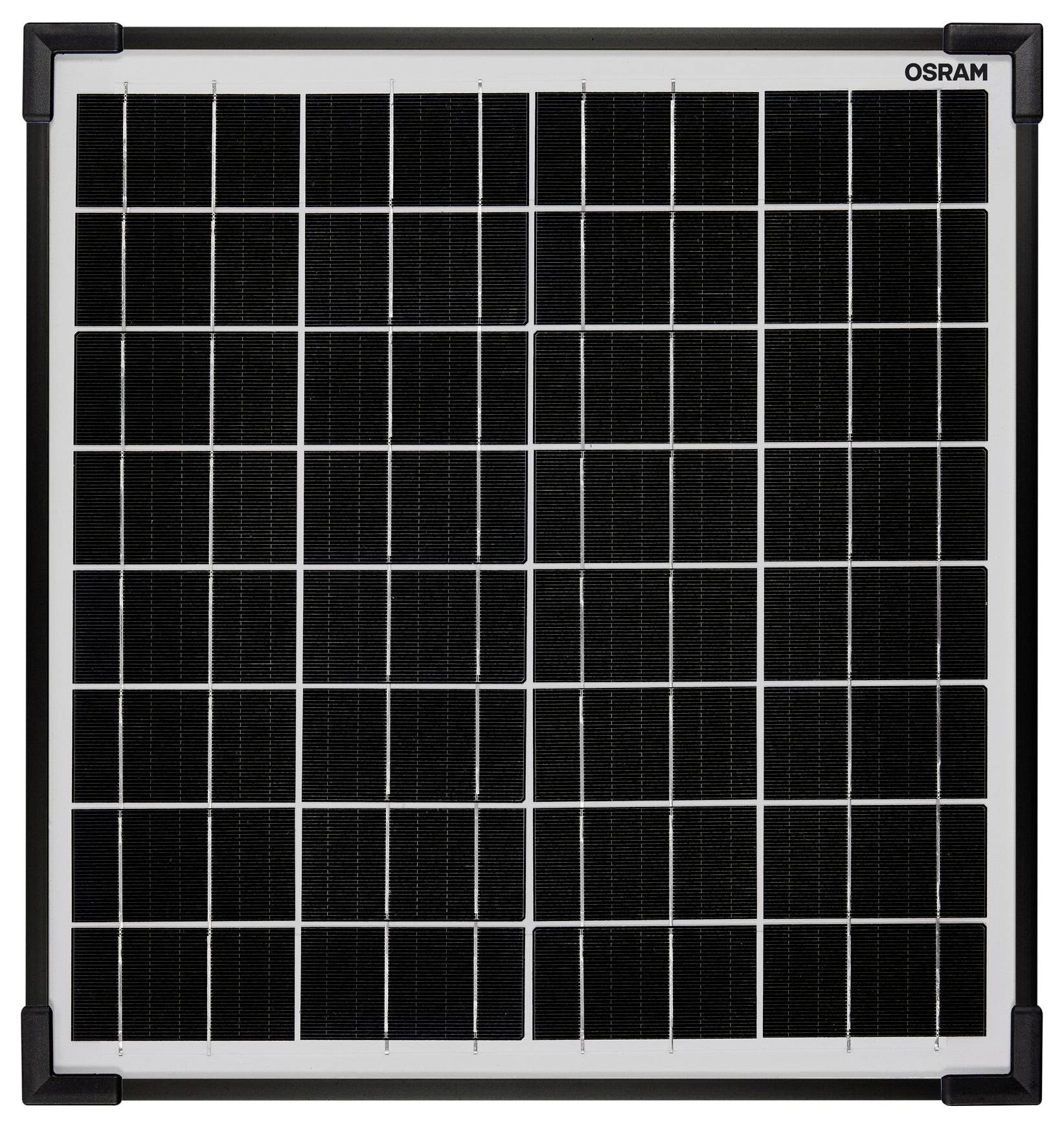Solární modul s viditelnými fotovoltaickými články pro výrobu energie, zasazený do kovového rámu. Nahoře vpravo je uveden název značky 'OSRAM'.