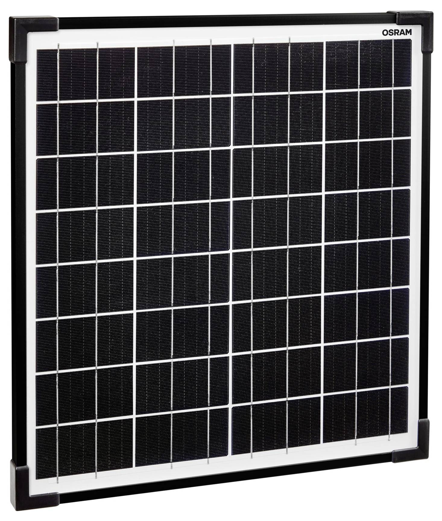 Čtvercový solární panel s černými články uspořádanými do mřížky, lemovaný černým okrajem.