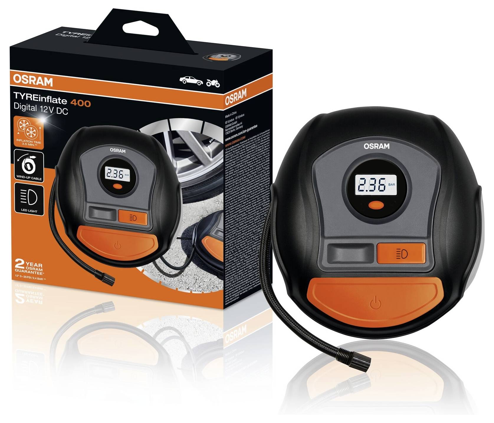 Osram Tlaková pumpa TYREinflate 400, digitální, 12V DC, s displejem a obalem, ukazuje tlak 2,36 baru. Ideální pro automobily.