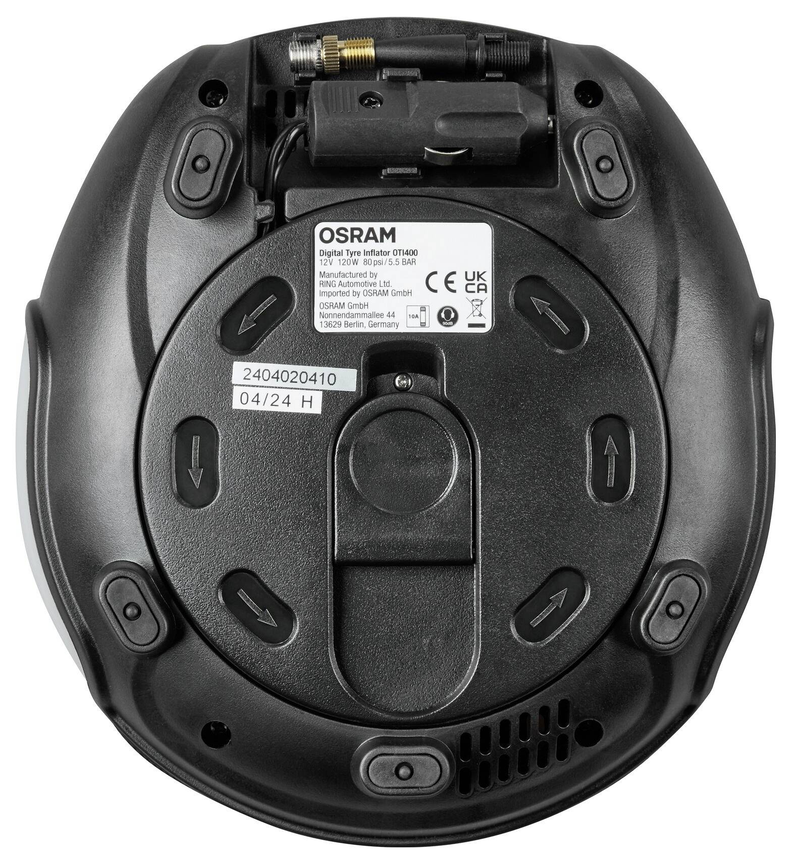 Černý digitální spínací hodiny značky OSRAM, model 2404020410, s otočným knoflíkem a několika tlačítky pro řízení času.