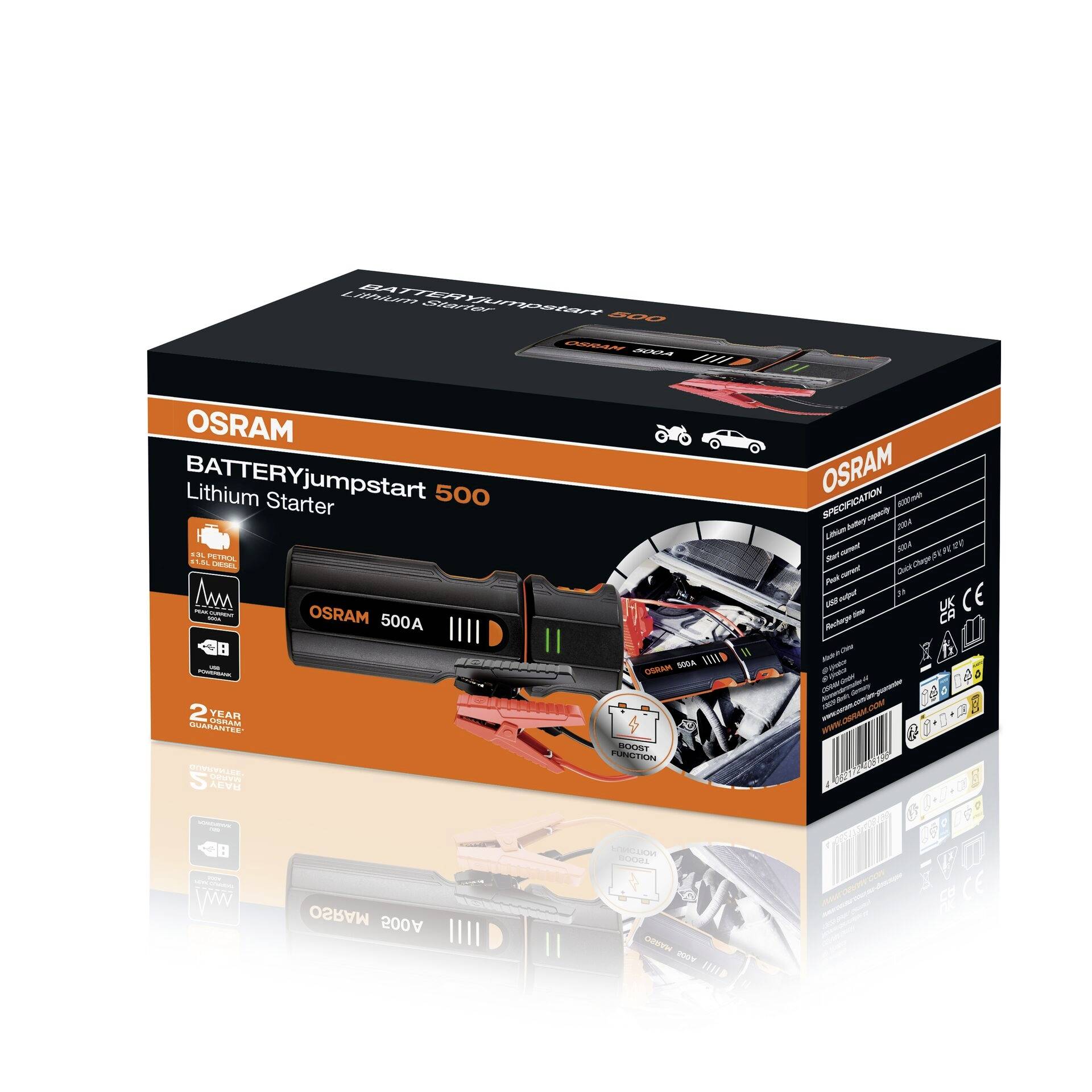 'Osram BATTERYjumpstart 500' balení s vyobrazením produktu, specifikacemi a příklady použití pro startování automobilů a motocyklů.