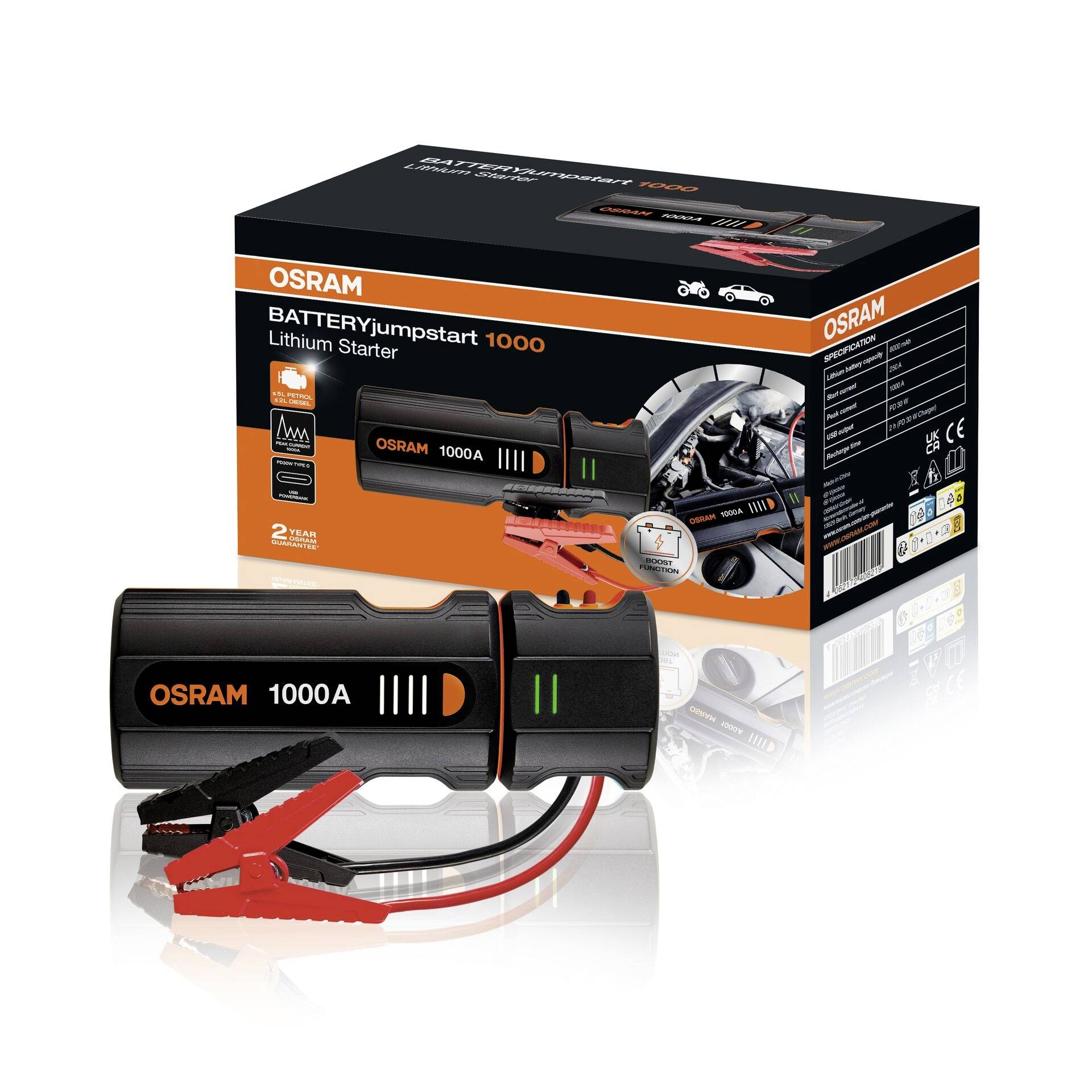 OSRAM Battery-Jumpstarter 1000 vyobrazený s obalem. Zařízení a kabely pro startování autobaterií. Ideální pro automobily a motocykly.