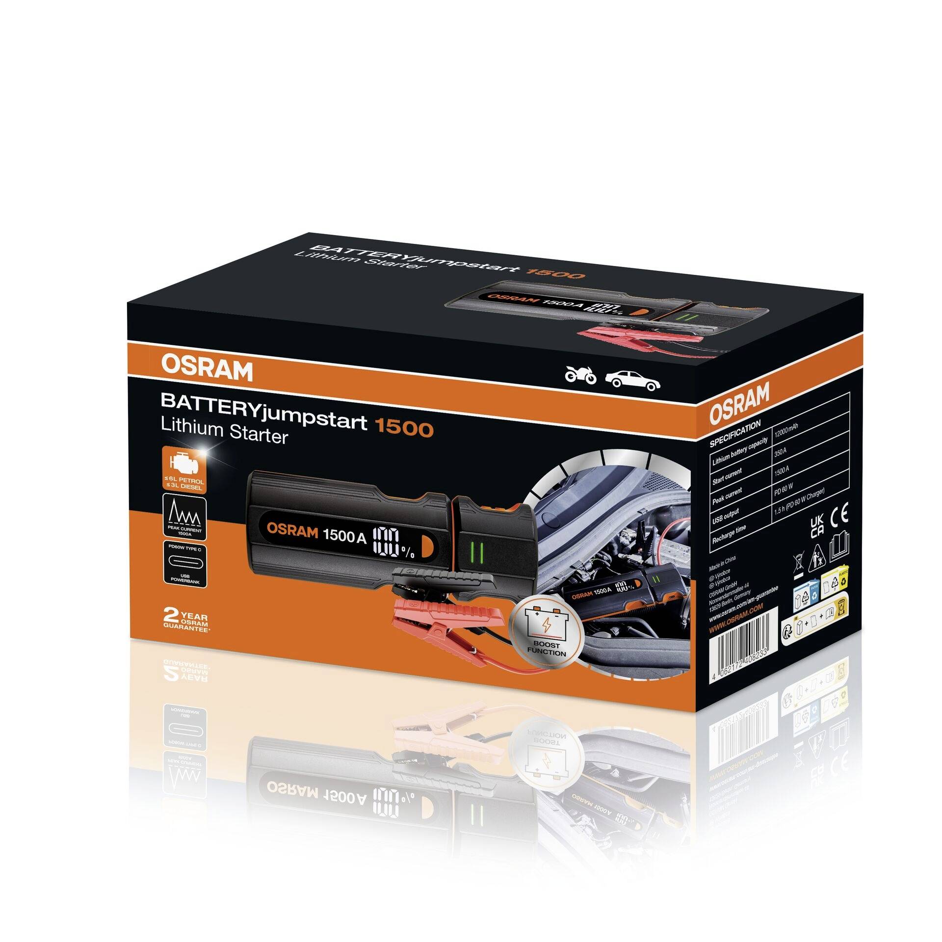Obal zobrazuje Osram BATTERYjumpstart 1500 lithiový startér, vhodný pro automobily a motocykly, včetně technických detailů.