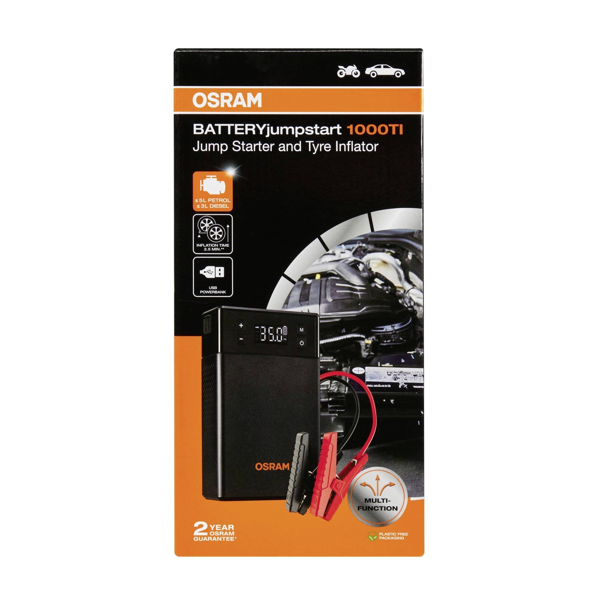 'OSRAM BATTERYjumpstart 1000TI' balení s obrázkem startovacího zařízení, kabelů a automobilu. Text: 'Startovací zařízení a kompresor na huštění pneumatik'.