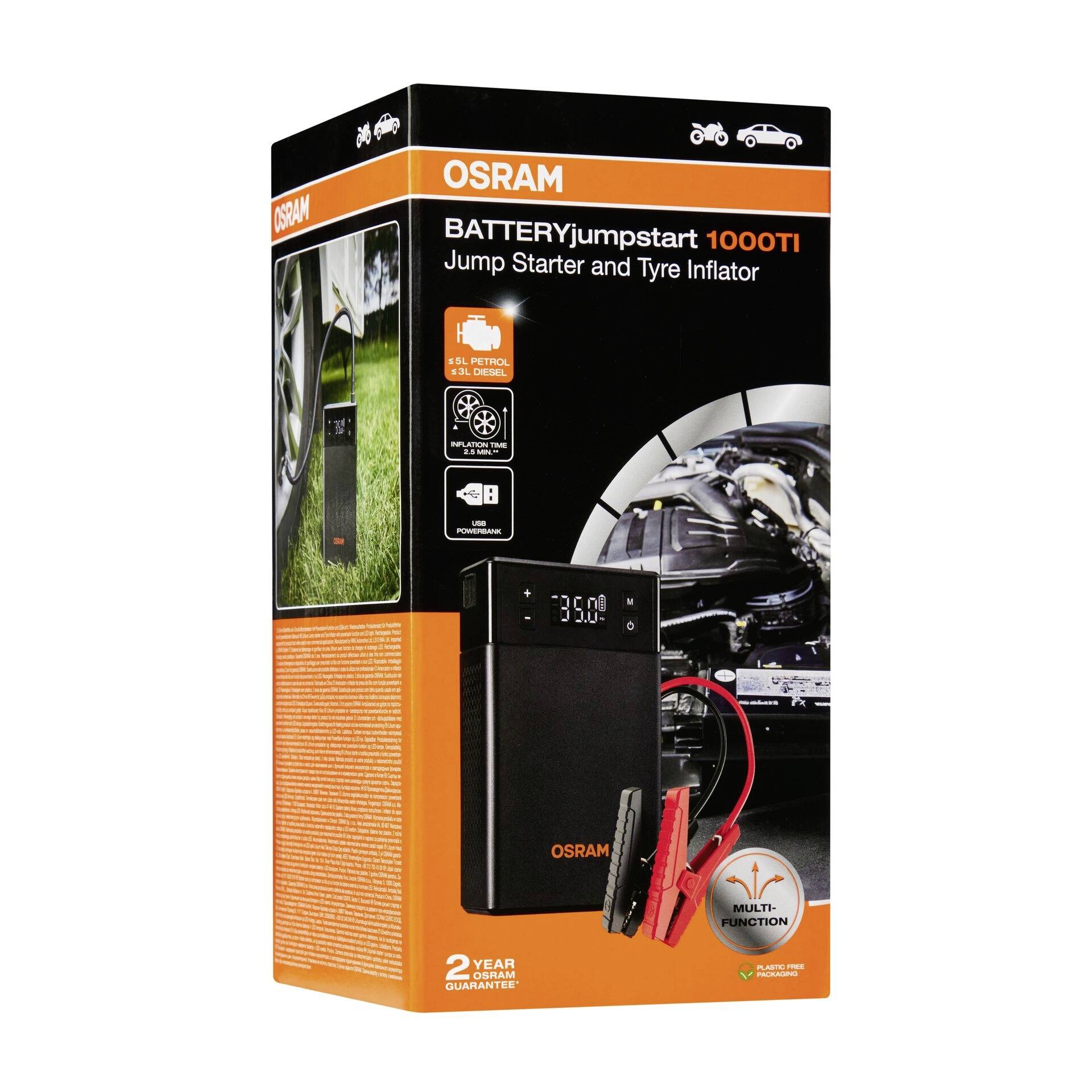 Zobrazený výrobek je 'OSRAM BATTERYjumpstart 1000TI', startovací zařízení a kompresor na huštění pneumatik. Zobrazuje kompatibilitu s automobily a motocykly.