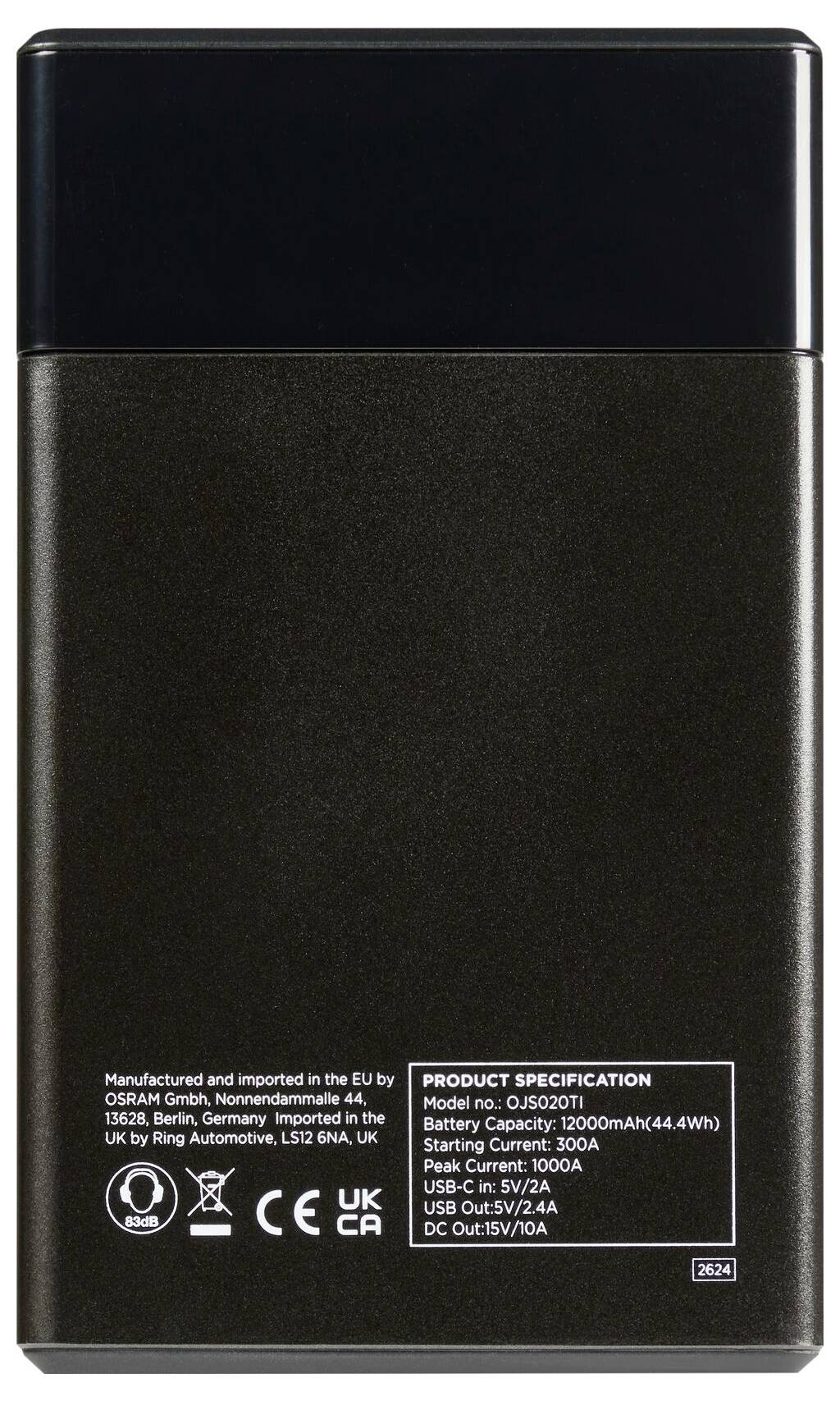 Černá powerbanka s bílým textem: výrobce z EU, baterie 12000mAh. Specifikace a loga na zadní straně.
