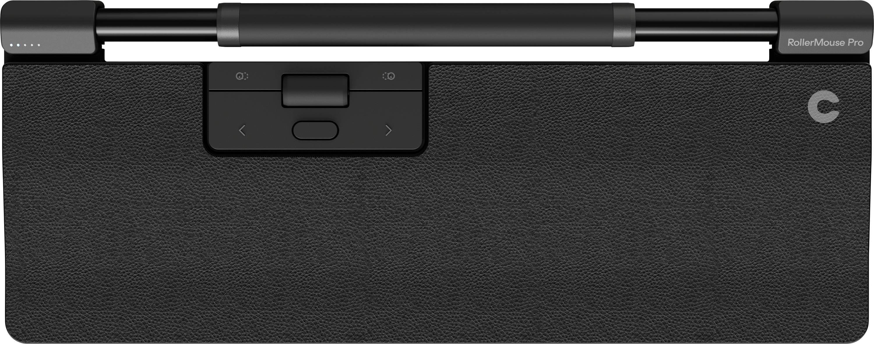 Černá, obdélníková lišta vstupního zařízení s tlačítky a šedými prvky, pravděpodobně zařízení RollerMouse pro ergonomické ovládání.