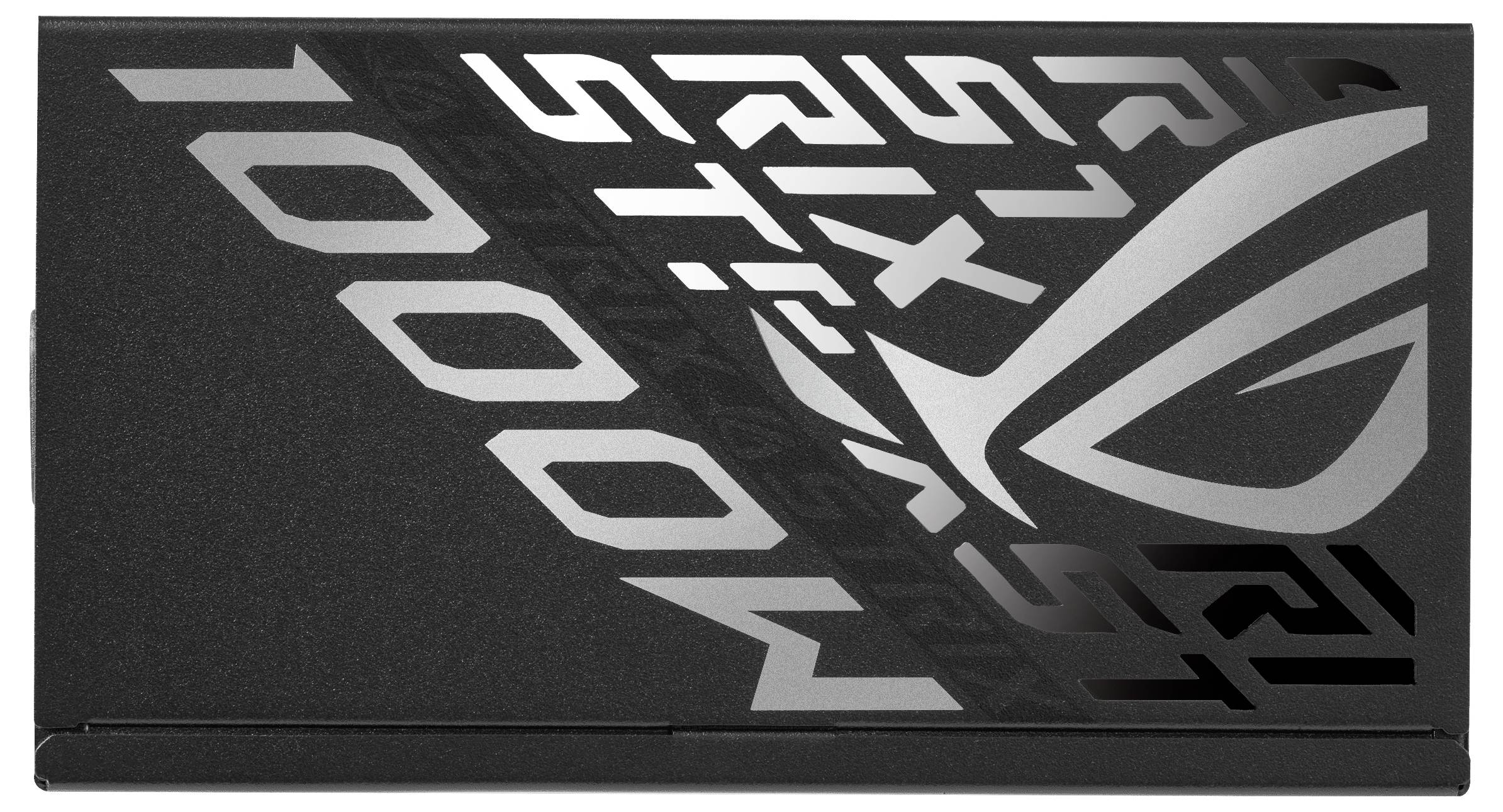 Černý kryt s velkým šedým logem a nápisem 'ROG STRIX 1000W', firemní symbol jasně rozpoznatelný, technický styl.