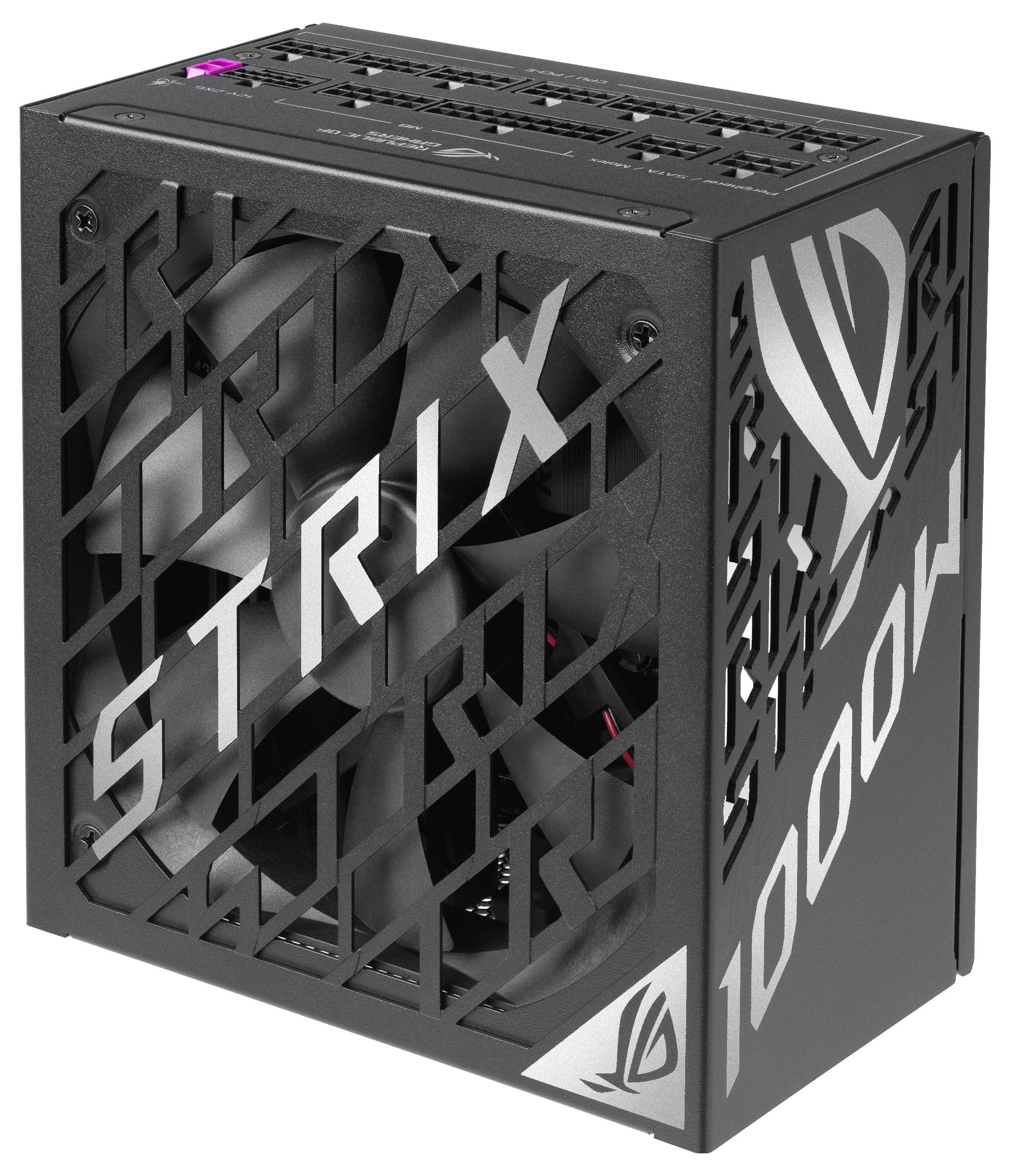 Černý počítačový zdroj s nápisem 'STRIX' a '1000W', viditelný ventilátor; vhodný pro výkonné počítačové systémy.