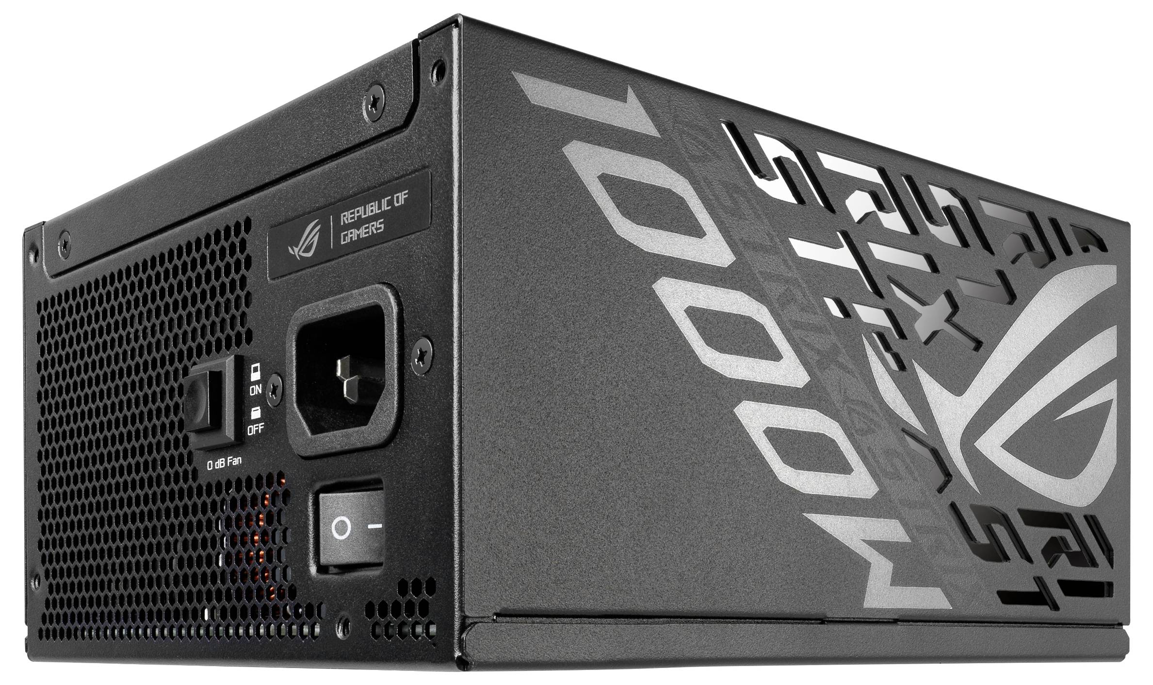Černý počítačový zdroj s logem ROG a nápisem '1000 W'. Obsahuje vypínač a síťovou zásuvku.