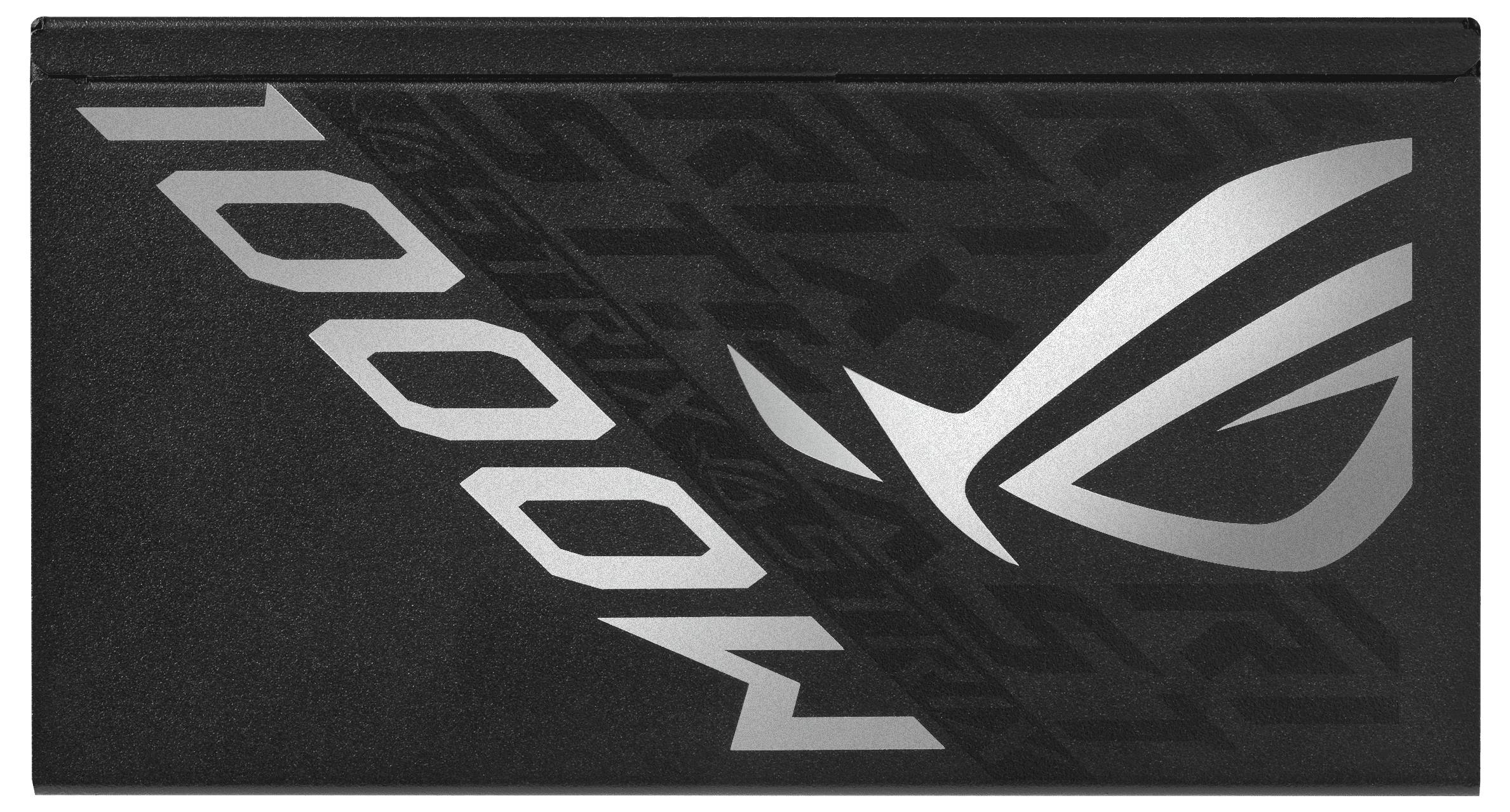 Napájecí zdroj 'ASUS ROG STRIX 1000W' v černém šasi s stříbrným logem a nápisem.