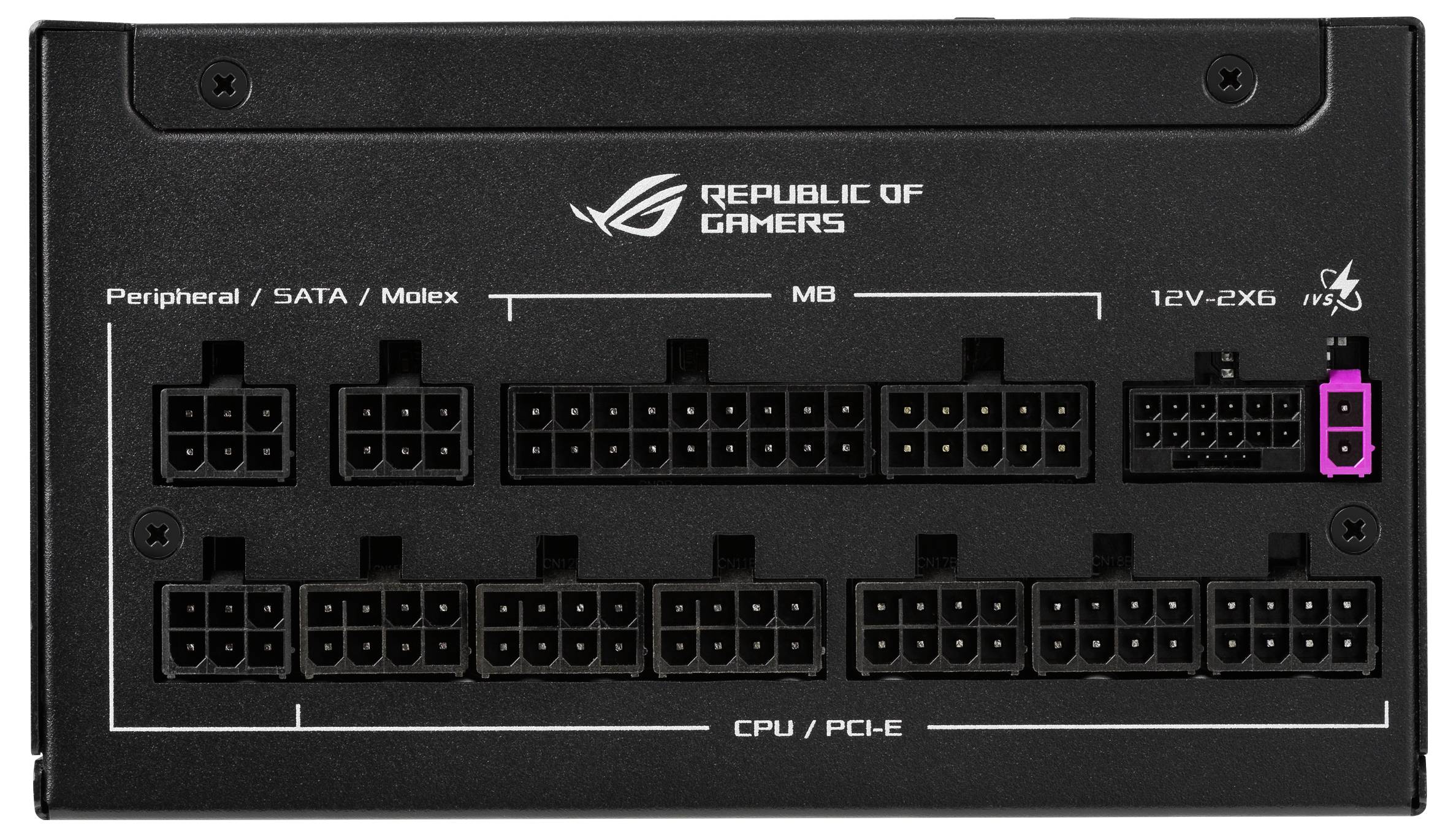 Zadní strana počítačového napájecího zdroje s několika kabelovými konektory pro periferní zařízení, základní desku a CPU/PCI-E. Jeden konektor je označen růžovou barvou.