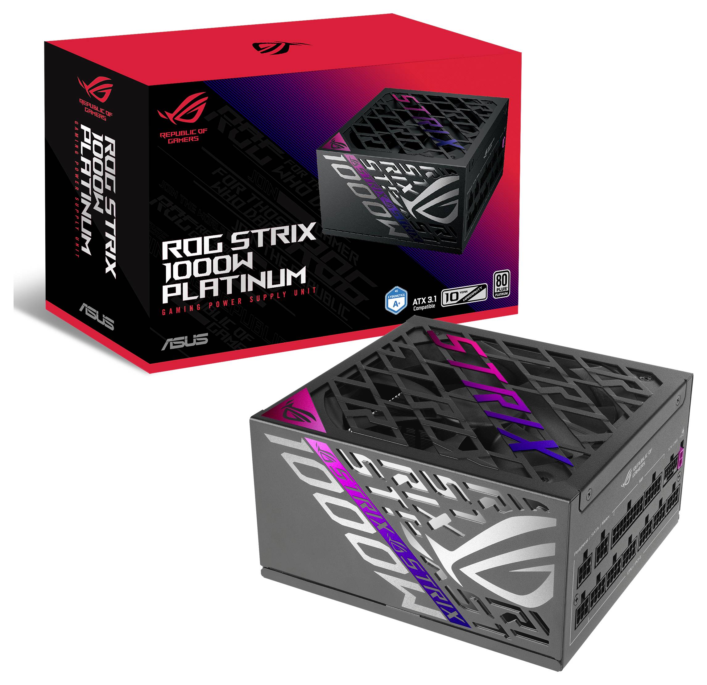 'Napájecí zdroj ROG Strix 1000W Platinum. Černý design s barevnými akcenty. ATX3.0, 1000 wattů, certifikace 80 Plus Platinum.'