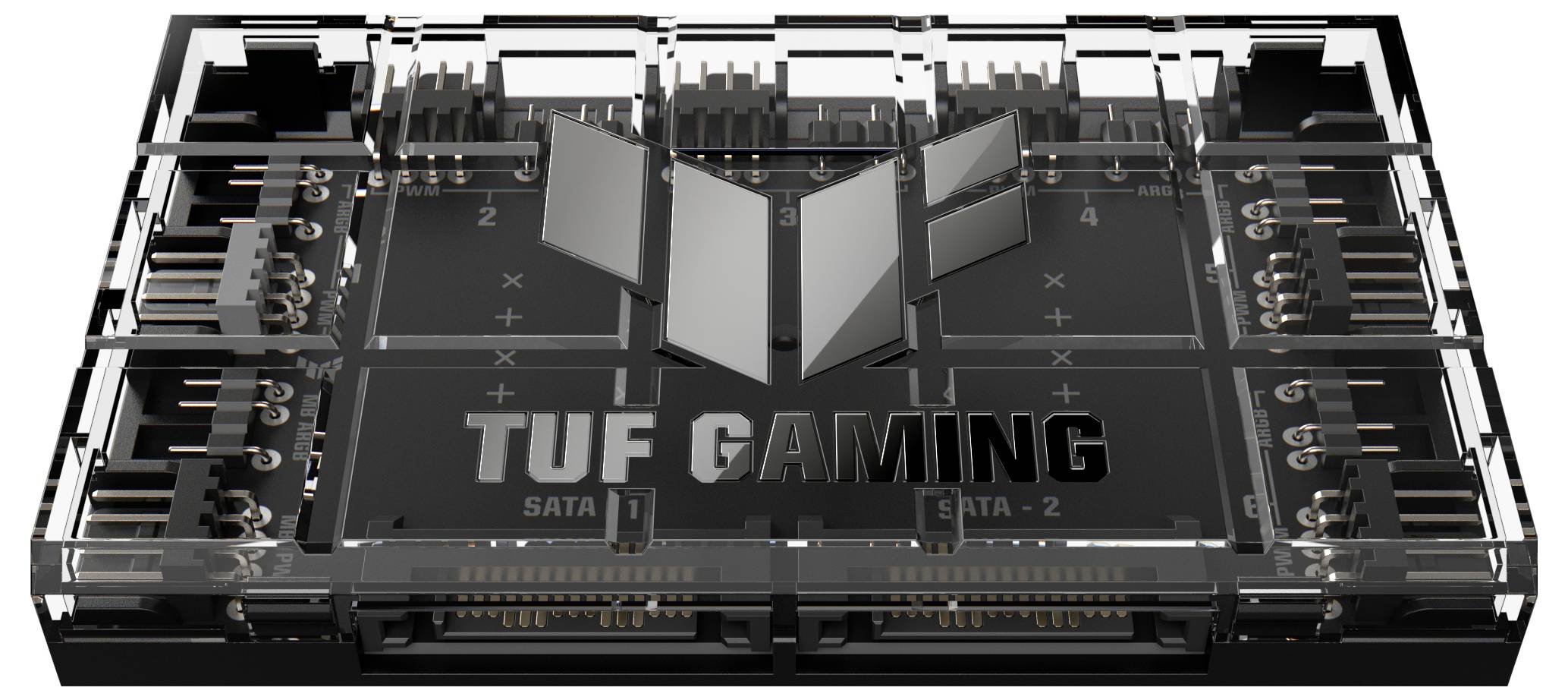 Průhledný externí hard disk s nápisem 'TUF Gaming', odhalující interní obvody a konektory, včetně SATA 1 a SATA 2.