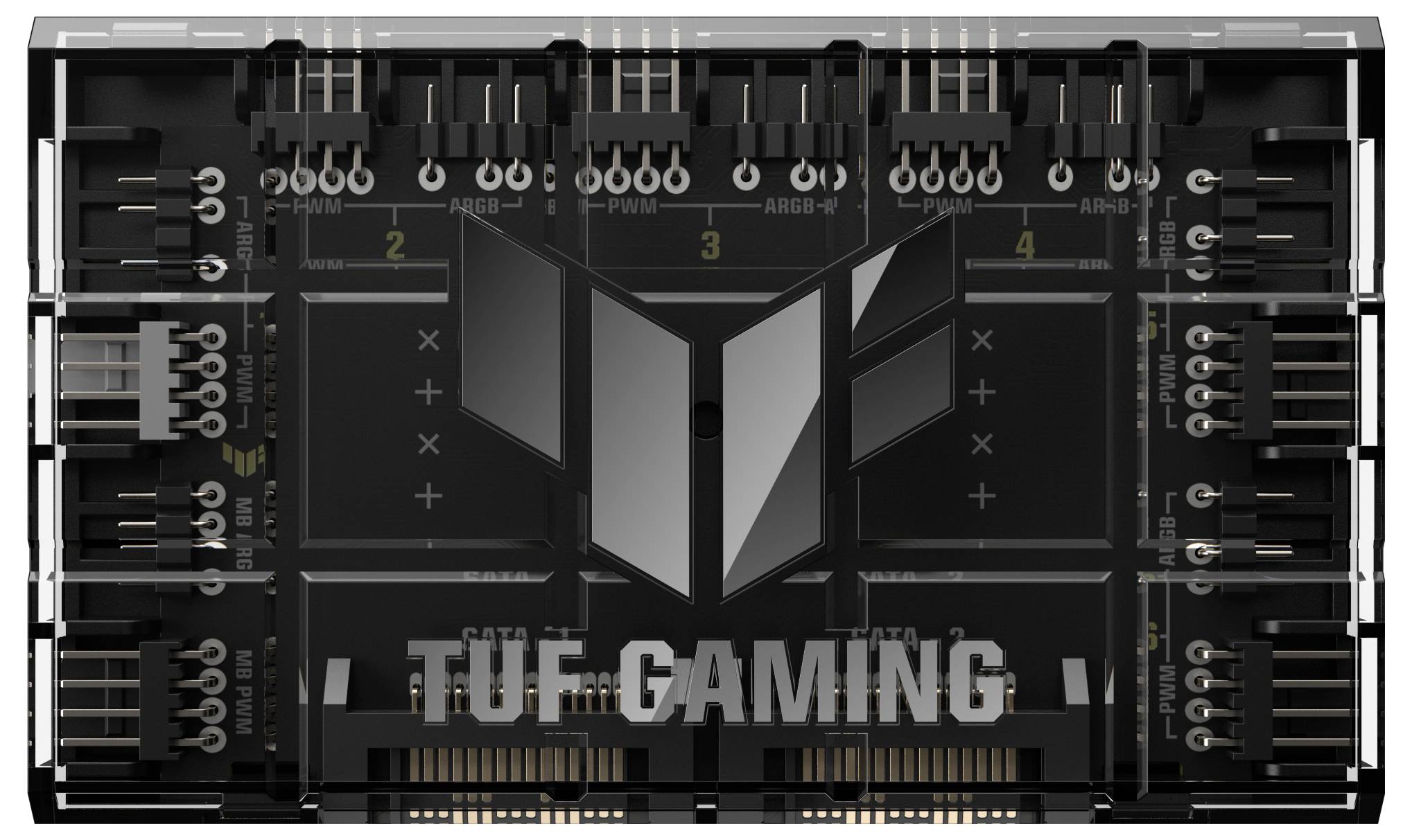 Černý ARGB hub se čtyřmi očíslovanými kanály pro řízení osvětlení. Logo TUF Gaming uprostřed.