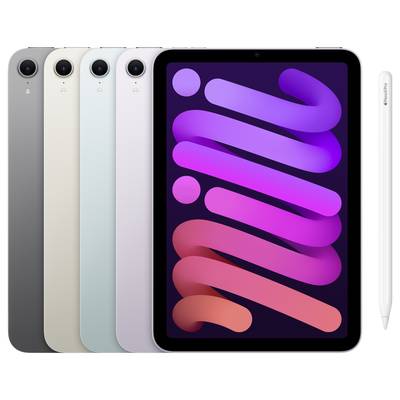 Několik tabletů v různých barvách; vpravo tablet s nápisem "mini" v pestrých písmenech na obrazovce; vedle něj pero.