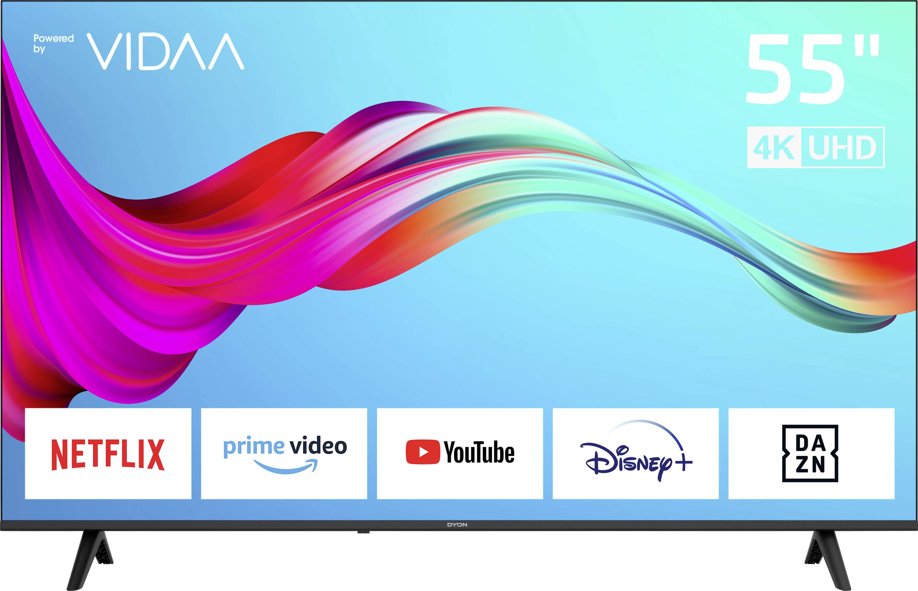 Televizor s úhlopříčkou 55 palců zobrazuje aplikace jako Netflix, Prime Video, YouTube, Disney+ a DAZN na obrazovce.