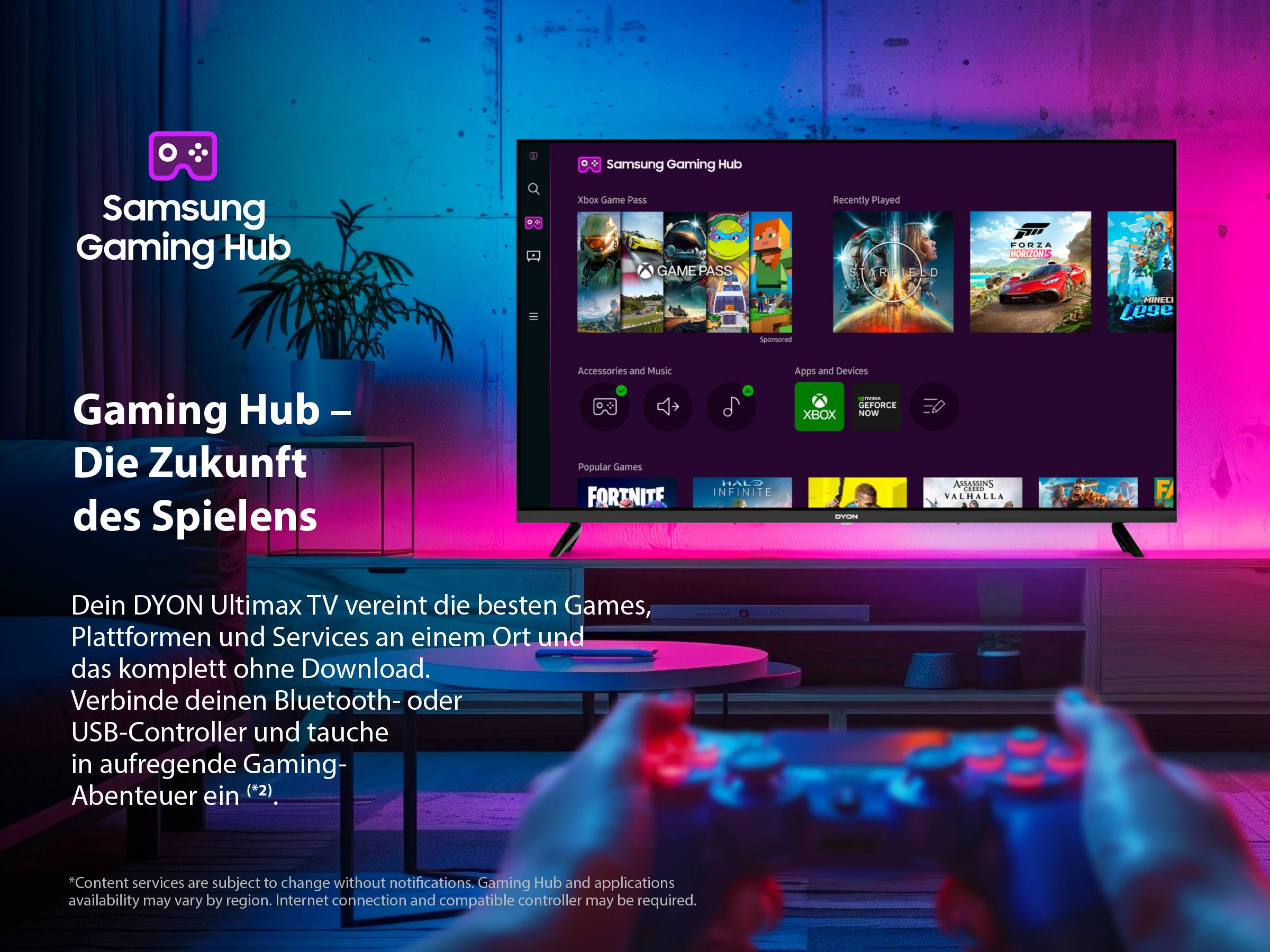 Na obrazovce je zobrazen 'Samsung Gaming Hub' s různými herními ikonami. V popředí drží osoba herní ovladač.