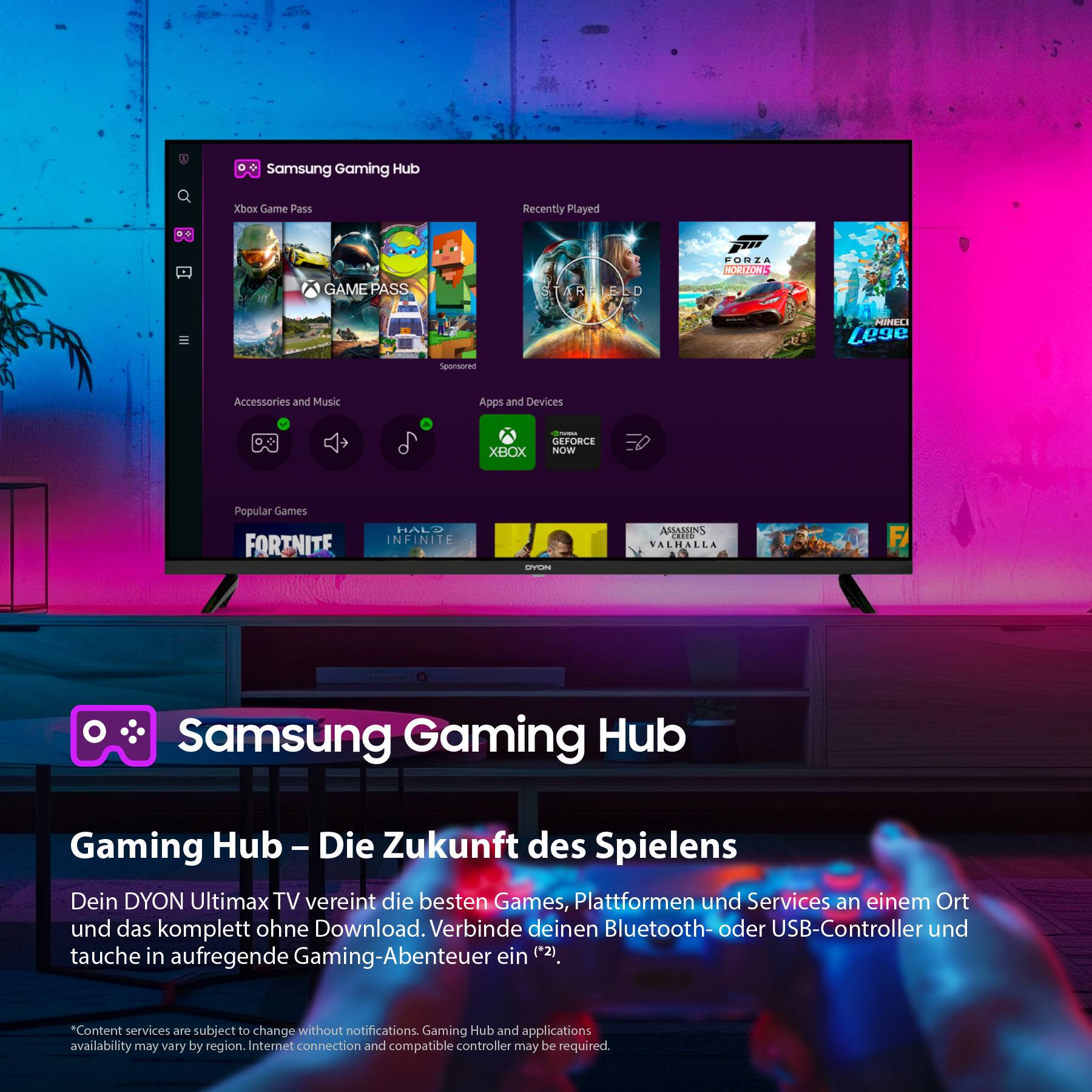 Televizor zobrazuje rozhraní Samsung Gaming Hub s různými ikonami her. Níže je text propagující cloud gaming a připojení zařízení.