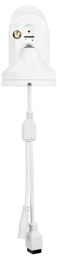 Bílá objímka E27 s integrovaným napájecím kabelem a USB porty, vhodná pro osvětlovací instalace.
