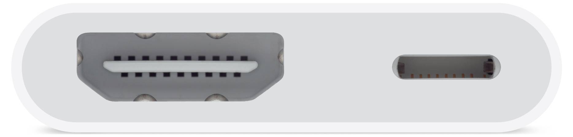Detailní záběr bílého adaptéru s HDMI konektorem vlevo a USB-C konektorem vpravo.