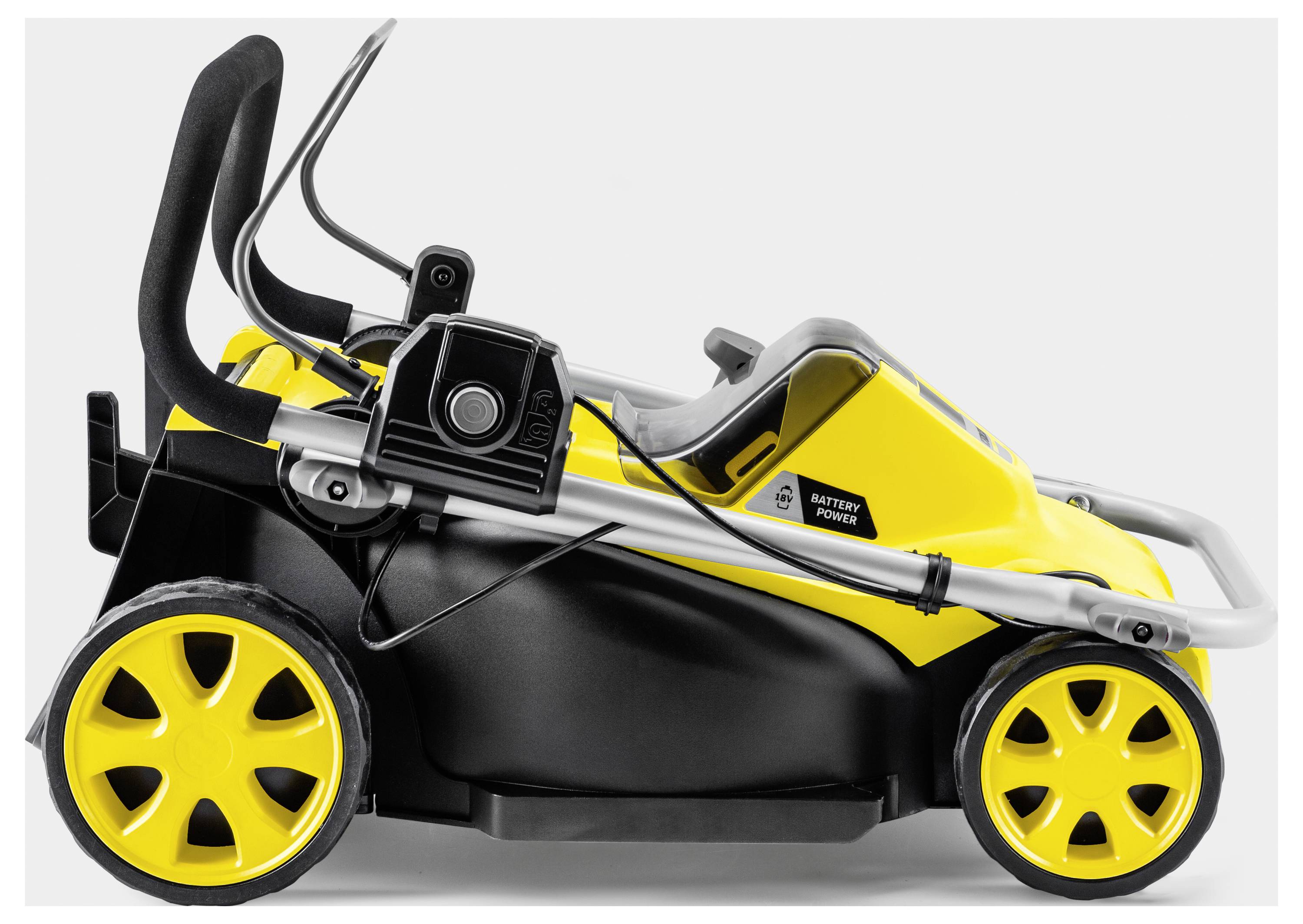 Skládací elektrický vozík v černo-žluté barvě s velkými koly a ergonomickými madly, vhodný pro snadné uskladnění a přepravu.