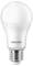Bílá LED žárovka značky Philips s paticí E27, vhodná pro energeticky úsporné osvětlení.