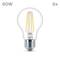 LED žárovka od Philips, viditelné jsou její filamenty. Nahoře je napsáno '60W' a '6x'. Patice je E27.