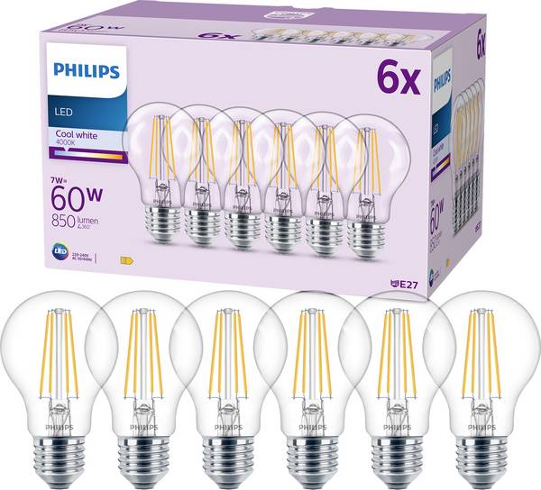 Philips LED 9290018150 LED Energetická třída (EEK2021) E (A - G) E27 klasická žárovka 7 W = 60 W neutrální bílá (Ø x v) 60 mm x 106 mm vlákno 6 ks