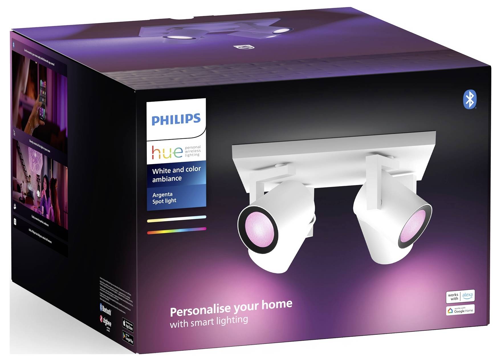 Obal LED bodového osvětlení Philips Hue se dvěma světelnými zdroji. Potisk: „Personalizujte si svůj domov chytrým osvětlením".