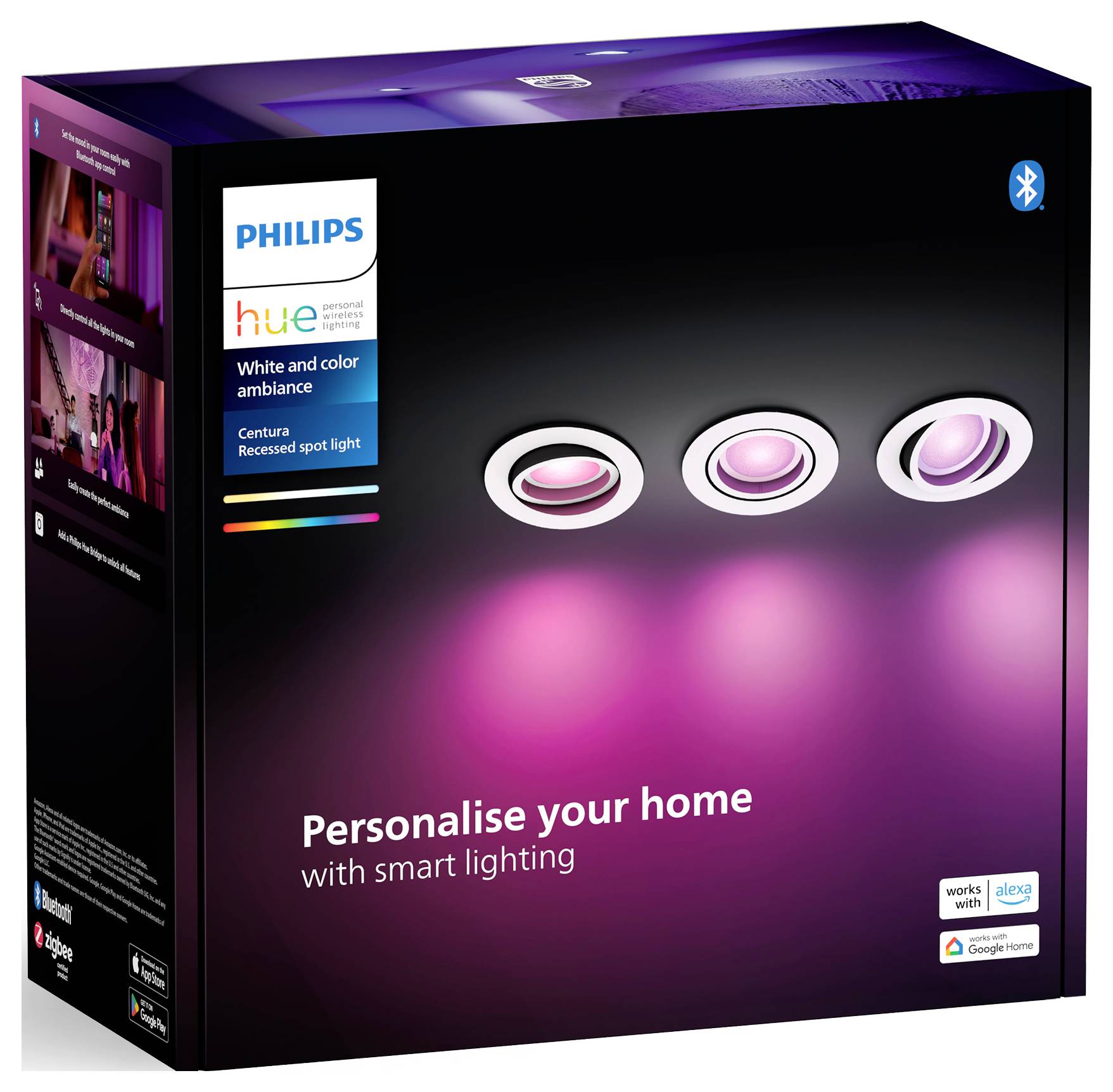 Trojitá sada vestavných bodových světel Philips Hue s možnostmi barevného a bílého světla, kompatibilní s Alexou a Google Assistantem.