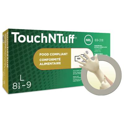 Obal ukazuje jednorázové rukavice značky 'TouchNTuff', velikost L, 8 1/2 - 9, vhodné pro kontakt s potravinami.